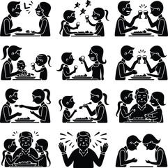 Family Dinner Vector Icons – Togetherness & Dining Silhouettes Family Eating Together Silhouette Set – Warm Meal Time Icons Pack