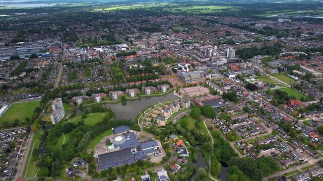 An panorama Aerial view of the old town of the city Drachten in the Netherlands on a sunny day in summer