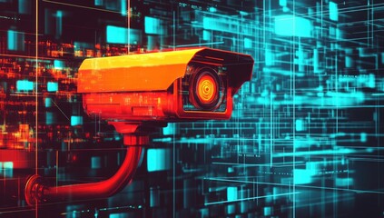 Surveillance camera in digital network. Dynamic, vibrant, futuristic scene