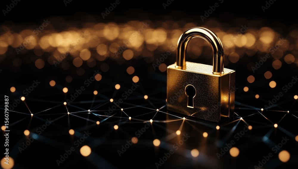 Poster golden padlock on a dark background with interconnected network