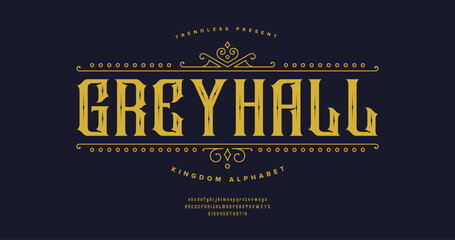 Grey Hall: A bold modern gothic font with a classic edge. Designed for music bands, metal aesthetics, and edgy branding. Includes complete alphabet set in strong urban style vector format.