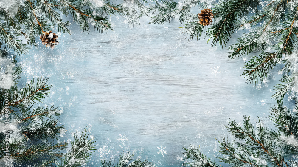 Poster blue background with pine trees and snow. the pine trees are covered in snow and there are two pine 