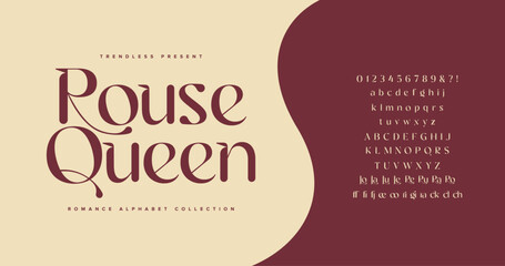 Rouse Queen: An elegant serif typeface with graceful curves and classic charm. Includes uppercase and lowercase letters, ideal for beauty branding, luxury packaging, and editorial headlines.