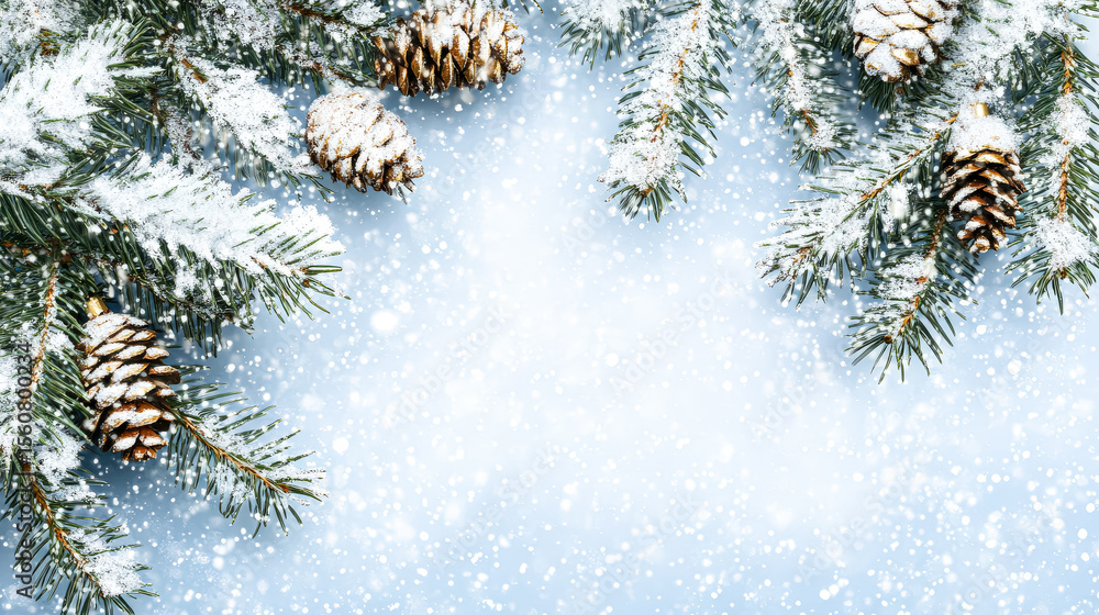 Poster snowy pine tree with pine cones on it. the pine cones are scattered throughout the tree and some are