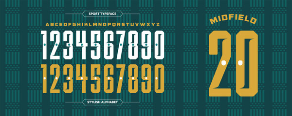 Midfield 20: A retro sports number font with green, white, and gold inline styling. A classic jersey look, ideal for athletic uniforms, sports branding, and vintage style number layouts.