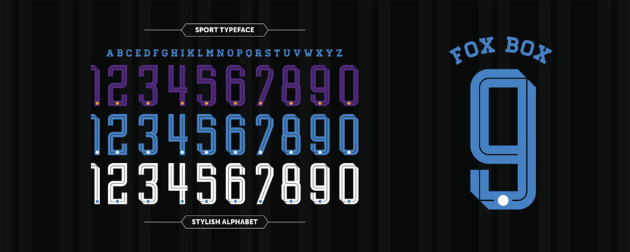 Fox Box 9: A bold, striped jersey font in blue, purple, and white. Featuring inline numbers and a complete alphabet, perfect for sporty branding, team uniforms, and athletic themed visuals.