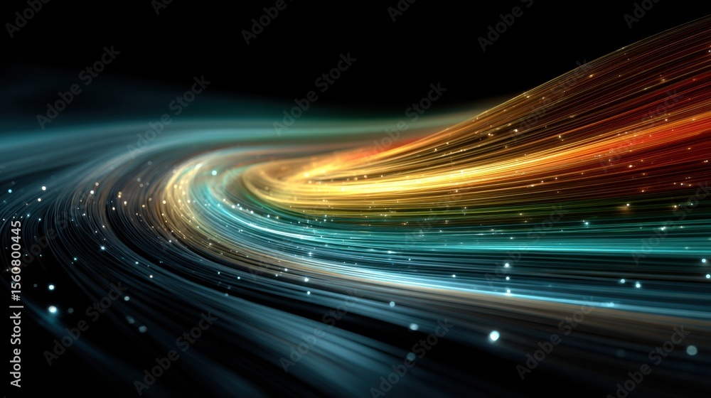 Poster vibrant light trails swirl across a dark background, creating an ethereal effect. the scene captures