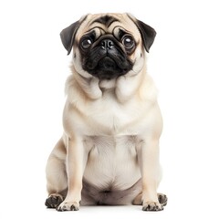 Image of a cute, light-colored pug dog isolated on a white background. Cute, exotic animals. Beautiful, colorful pets on a white background.