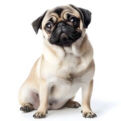 Image of a cute, light-colored pug dog isolated on a white background. Cute, exotic animals. Beautiful, colorful pets on a white background.