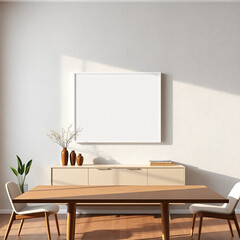 mockup photography for print on demand empty frame in dining room above buffet pastel textured plaster wall mid-century modern design art display showcase interior decor stylish environment