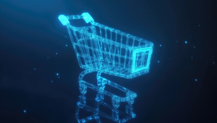 Digital shopping cart, glowing blue, wireframe style