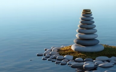 Obraz premium Zen stone tower stacked on the beach near calm seawater
