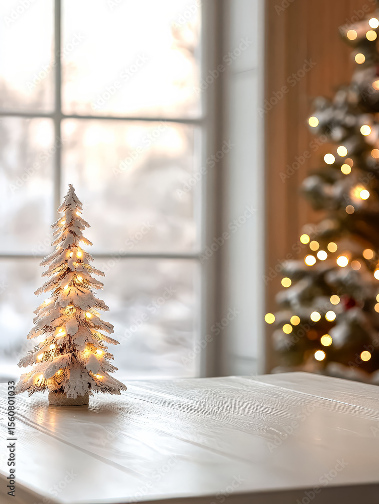 Poster small christmas tree sits on a table in front of a window. the tree is lit up, creating a warm and c