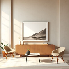 mockup of empty picture frame in dining room aesthetic mid-century modern decor with textured plaster wall in pastel colors above buffet ideal for print on demand wall art showcase and interior design