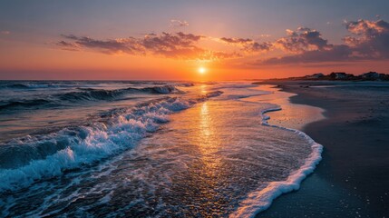 At twilight, the sun sets over the horizon, casting vibrant hues across the sky. Gentle waves lap the shore, reflecting the colorful sky while a peaceful atmosphere envelops the beach.