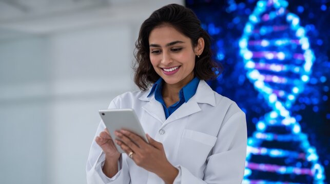 Female scientist with tablet in lab with dna display background