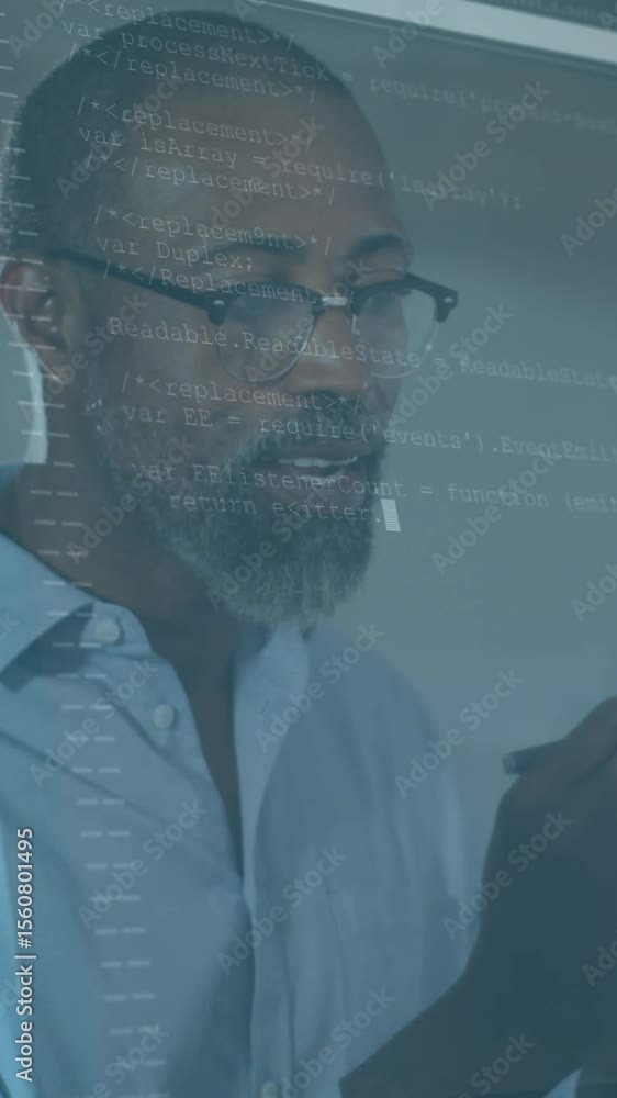 Poster animation of data processing over business people discussing in office