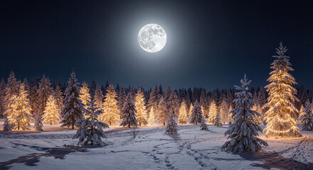 Snow covered pine forest with illuminated trees under a full moon at night. Winter wonderland scenery for Christmas holiday.