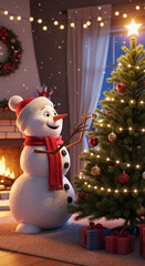 Happy snowman decorating a beautiful Christmas tree with ornaments in a cozy living room during winter.