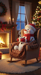 Snowman sitting in a rocking chair by the fireplace, drinking hot cocoa with marshmallow. Cozy winter atmosphere for holiday season. Merry Christmas.