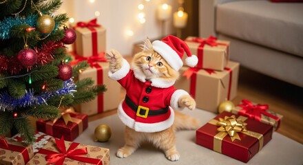 Adorable kitten dressed as Santa Claus near a decorated Christmas tree with gifts a festive holiday scene.