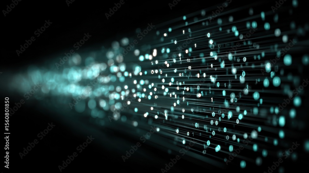 Poster bright, glowing particles stream through a dark space, creating an impression of motion and energy. 