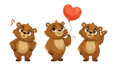 Charming and Cute Cartoon Bears Holding a Love Balloon and Expressing Various Emotions