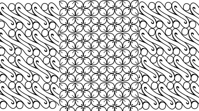 Indonesian Batik parang and kawung motif. Intricate black and white ethnic pattern, symmetrical floral and abstract motifs. Ideal for coloring pages, textile design, or cultural-inspired decor 