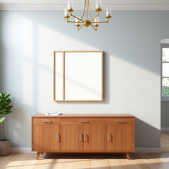 frame mockup for dining room wall art in pastel tones stylish mid-century modern decor above buffet 3d render with textured plaster wall perfect for print on demand artwork showcase interior design in