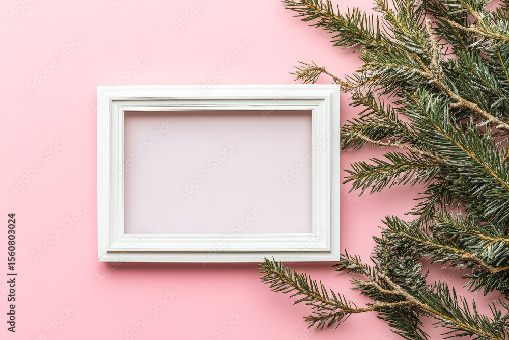 Aufkleber white frame with a blank space sits on a pink background. the frame is surrounded by evergreen branc