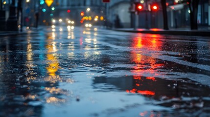 Wet asphalt on a street reflects the lights of cars and neon signs in the center of a beautiful city