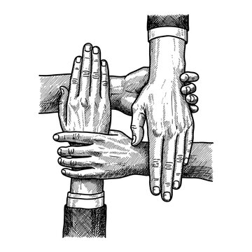 Interlocking Four Hands Gesture Black and White Outline Line Art Drawing Illustrating Teamwork Unity and Support