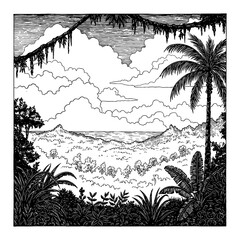 Beautiful Tropical Jungle Landscape Above Cloudsky with Ocean View Black and White Outline Line Art Drawing
