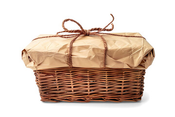 Eco-Friendly Gift Wrapped in Brown Paper in Wicker Basket on a transparent background