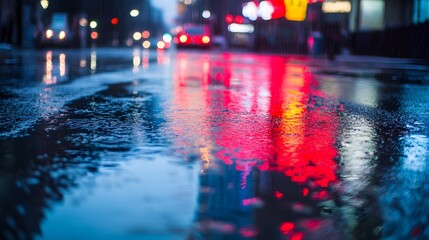 Wet asphalt on a street reflects the lights of cars and neon signs in the center of a beautiful city