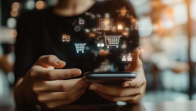 Close-up of hands holding smartphone, overlayed with shopping icons