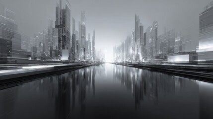 A vibrant futuristic city skyline emerges from the water, illuminated by glowing lights. The skyscrapers stretch into the twilight, creating a striking reflection on the surface below.