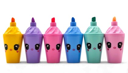Photo of colorful Kawaii highlighter marker set, with adorable cartoon faces, ideal for kids, students, artists, and crafters, isolated on white background.