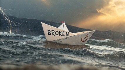 Torn Paper Boat Amidst Stormy Seas