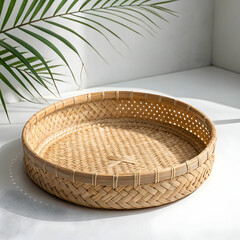 Fototapeta premium A woven palm leaf tray is a lightweight, eco-friendly serving accessory made from natural palm leaves