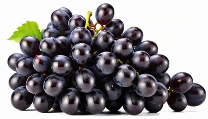 Fototapeta premium A brush of dark grapes decorated with green leaves is depicted on a white background. The berries shine, emphasizing their freshness.