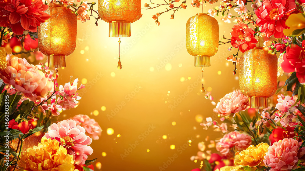 Poster beautiful and colorful scene featuring a gold and red background with four lanterns hanging from it.