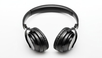On a white background there are black headphones with soft ear pads and modern design, which have high sound quality and comfort for long term use.