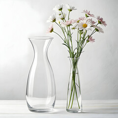 A transparent glass flower vase elegantly displays floral arrangements, adding a sleek