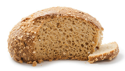 Freshly baked loaf of multigrain bread rests on a white surface, showing its delectable crumb and rustic, textured crust.
