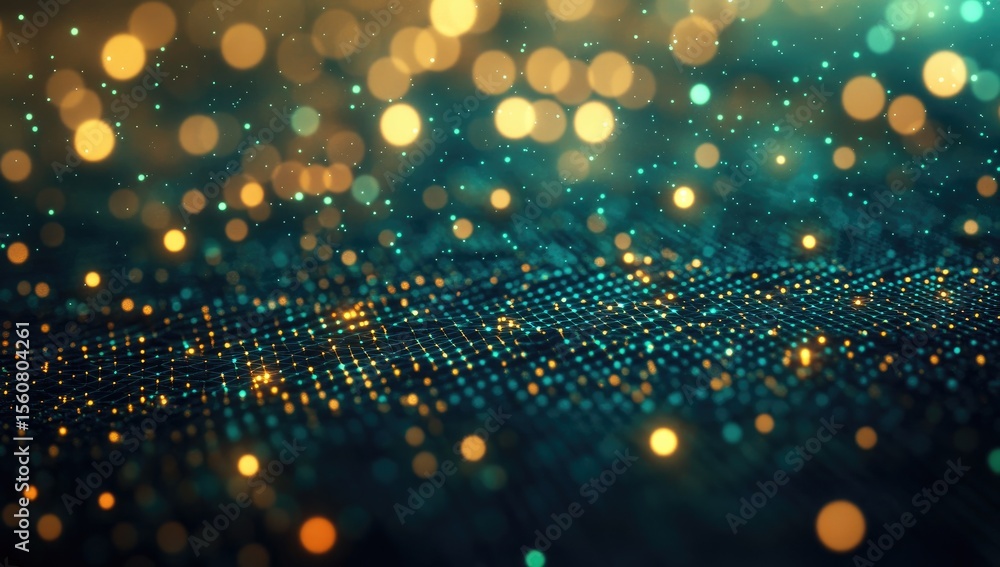 Poster abstract background of teal and gold shimmering particles. a grid-like pattern of glowing points ove
