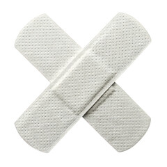 Two white adhesive bandages crossed over each other isolated on transparent background