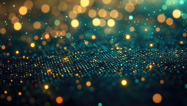 Abstract background of teal and gold shimmering particles.  A grid-like pattern of glowing points overlaid with bokeh