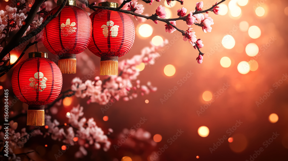 Poster three red lanterns hanging from a tree branch. the lanterns are red and have gold designs on them. t