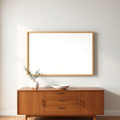 Mockup image for dining room wall art framed in A2 landscape style featuring a textured plaster wall in pastel tones with a mid-century modern vibe perfect for print on demand decor showcasing interio